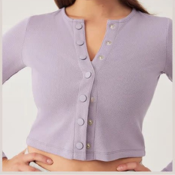 Outdoor Voices earl gray cozy ribbed cropped snap up cardigan size small - Picture 1 of 7